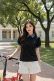  Áo polo cotton phối cổ kẻ tay cộc vai bồng 