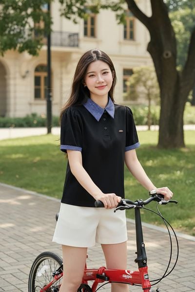 Áo polo cotton phối cổ kẻ tay cộc vai bồng 