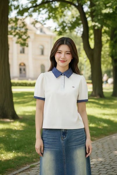  Áo polo cotton phối cổ kẻ tay cộc vai bồng 