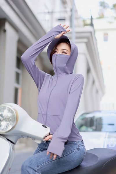  Áo chống nắng nữ 2 lớp vải sợi lạnh dáng lửng thắt eo cản UV 