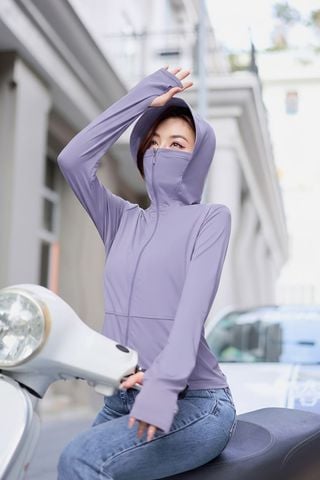 Áo chống nắng nữ 2 lớp vải sợi lạnh dáng lửng thắt eo cản UV
