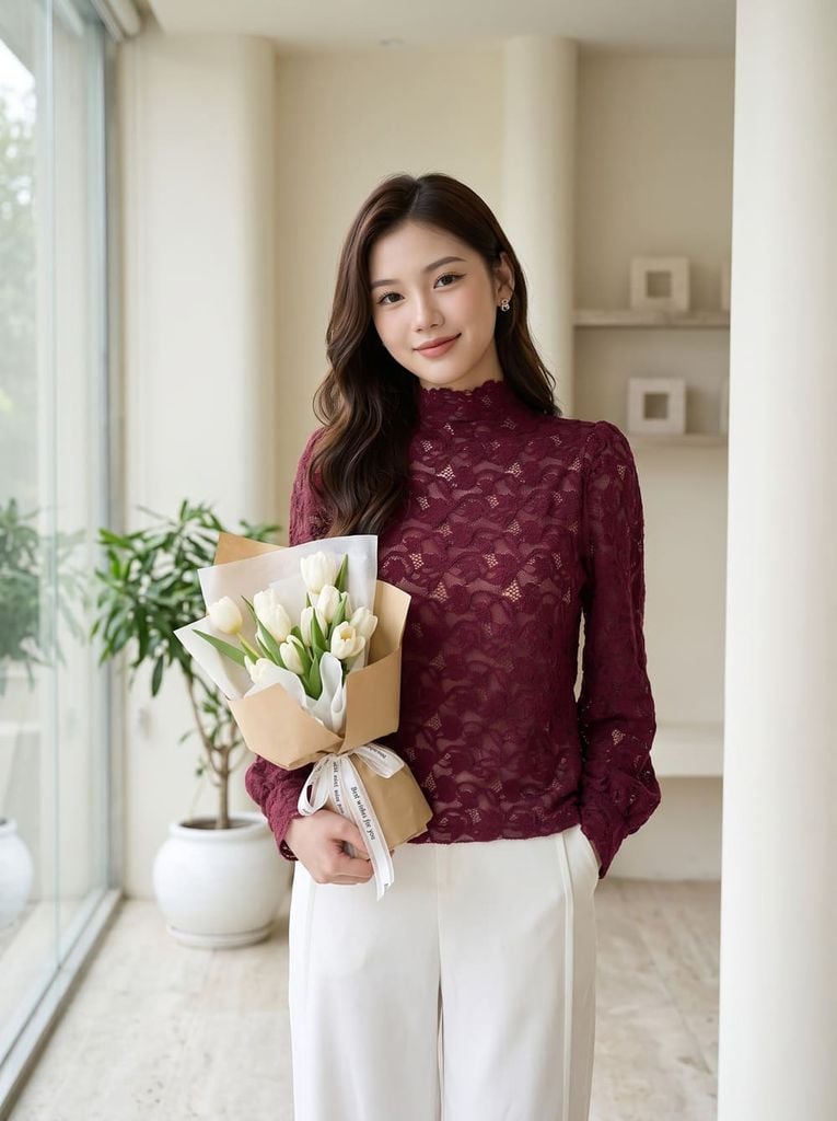  Áo ren dài tay cổ cao vai bồng 