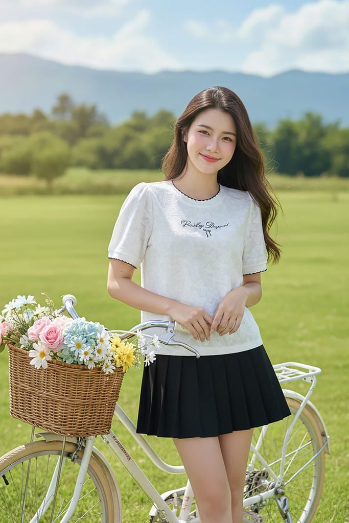  Áo ren tay cộc cổ tròn phối viền in chữ 