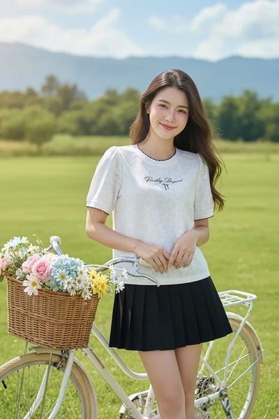  Áo ren tay cộc cổ tròn phối viền in chữ 