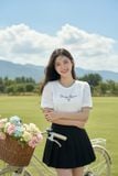 Áo ren tay cộc cổ tròn phối viền in chữ 