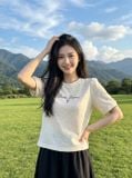  Áo ren tay cộc cổ tròn phối viền in chữ 