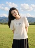  Áo ren tay cộc cổ tròn phối viền in chữ 