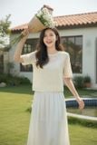  Áo kiểu nữ ren thêu tay lỡ cổ tròn dáng suông có lót 