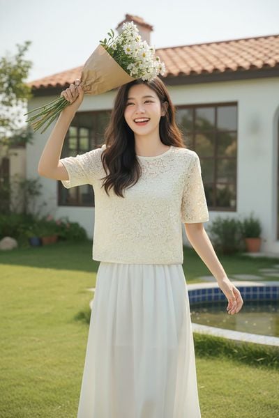  Áo kiểu nữ ren thêu tay lỡ cổ tròn dáng suông có lót 