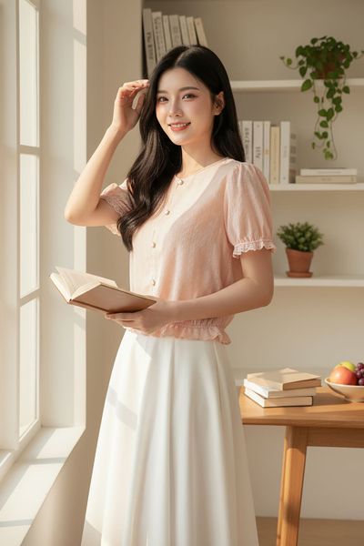  Áo thô thêu tay cộc cổ tròn phối gấu ren điệu đà 