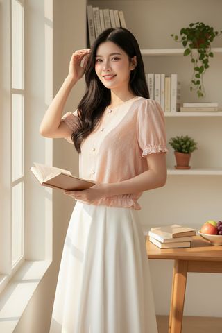 Áo thô thêu tay cộc cổ tròn phối gấu ren điệu đà