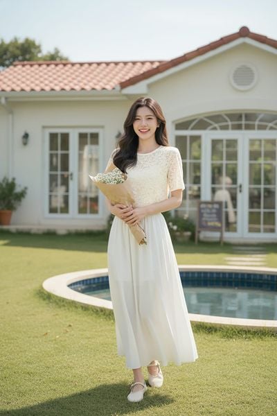  Áo kiểu nữ ren thêu tay lỡ cổ tròn dáng suông có lót 