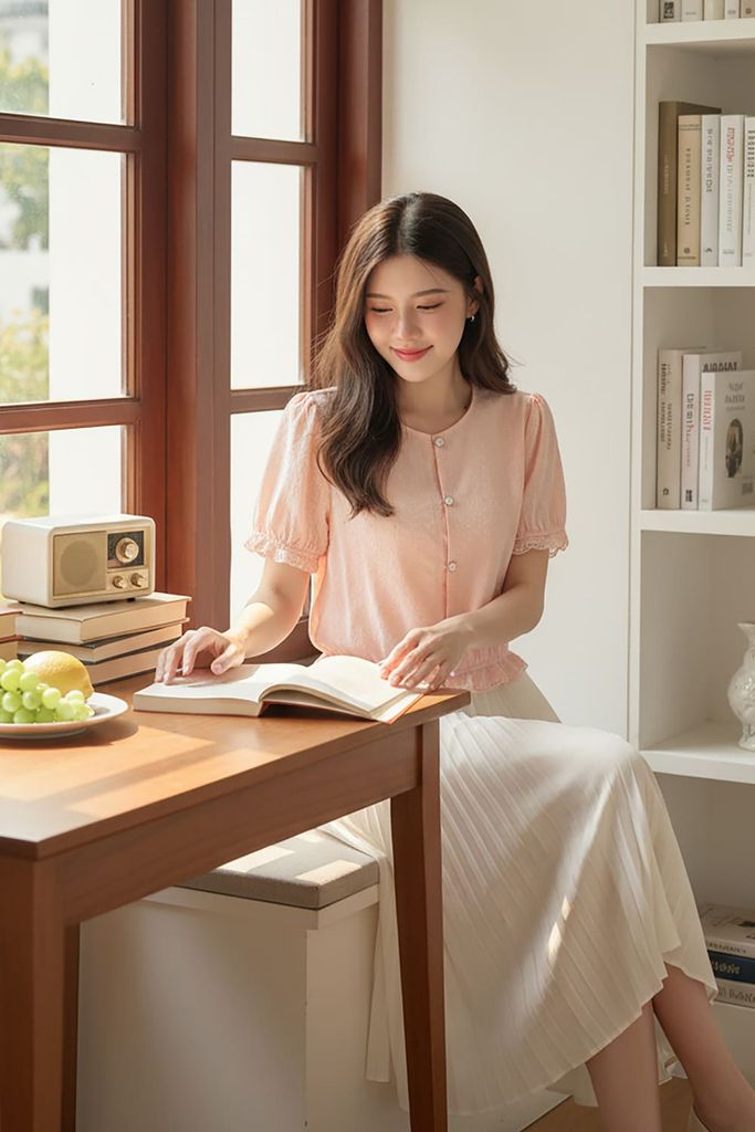  Áo thô thêu tay cộc cổ tròn phối gấu ren điệu đà 