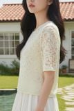  Áo kiểu nữ ren thêu tay lỡ cổ tròn dáng suông có lót 