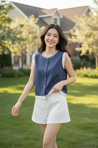  Áo Denim lụa sát nách cổ tròn phối gấu ren điệu đà 