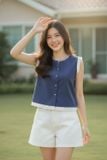  Áo Denim lụa sát nách cổ tròn phối gấu ren điệu đà 
