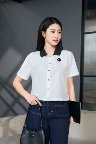 Áo sơ mi vải thô gió tay cộc gấu rút phối cổ