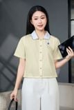  Áo sơ mi vải thô gió tay cộc gấu rút phối cổ 