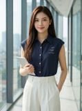  Áo sơ mi đũi sát nách cổ đức thêu viền 