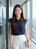  Áo sơ mi đũi sát nách cổ đức thêu viền 