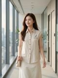  Áo sơ mi đũi sát nách cổ đức thêu viền 