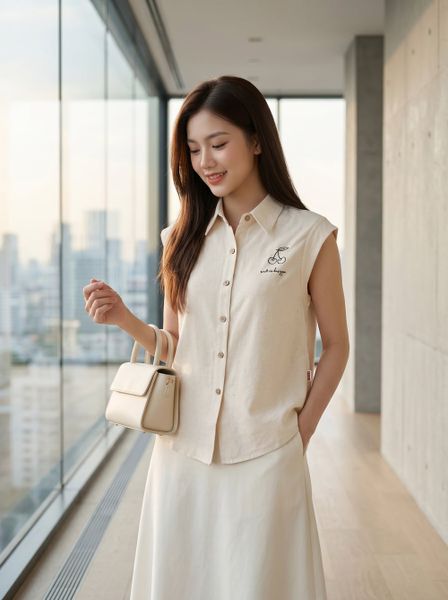 Áo sơ mi đũi sát nách cổ đức thêu viền 