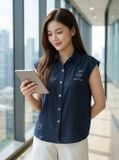  Áo sơ mi đũi sát nách cổ đức thêu viền 