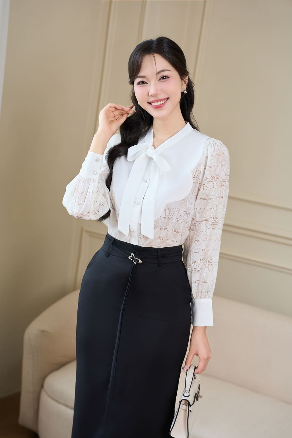 phối áo sơ mi cổ nơ