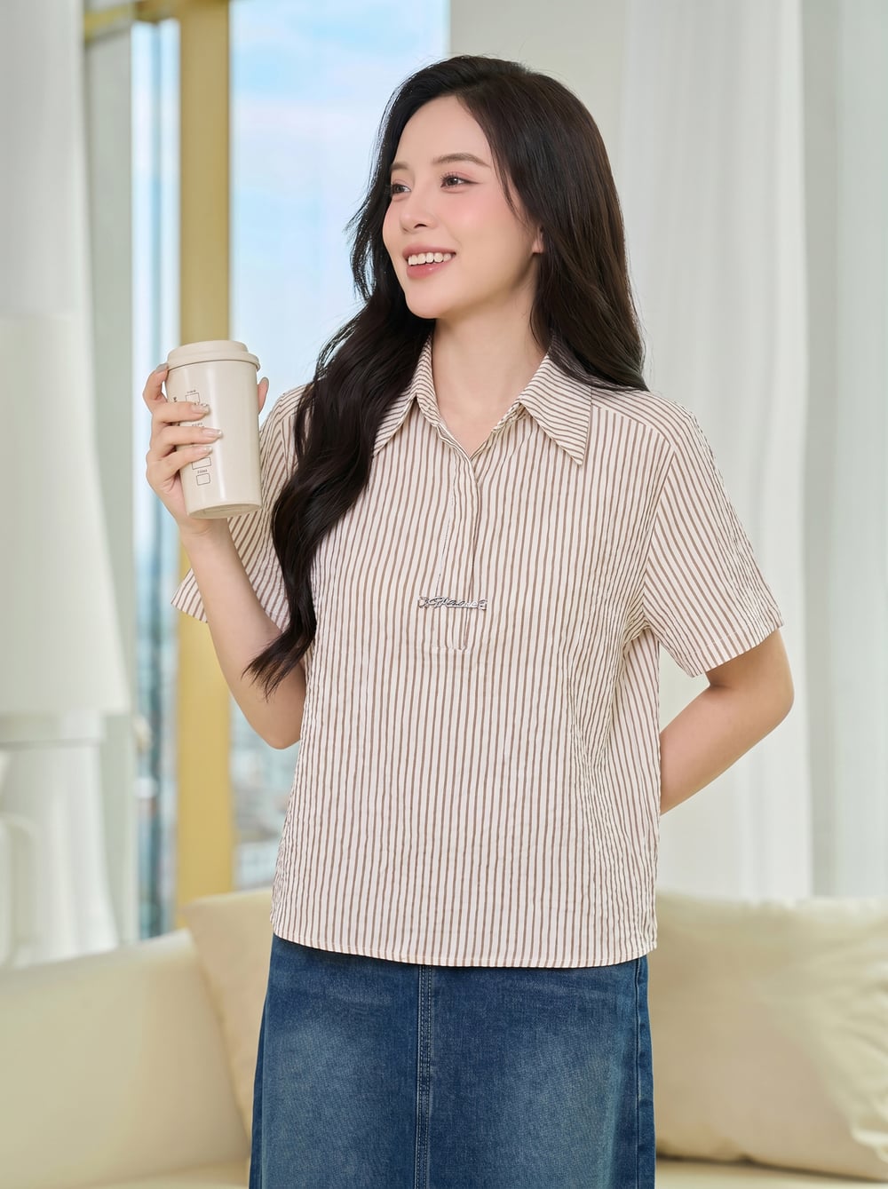 Áo sơ mi thô kẻ tay cộc cổ đức nẹp giấu khuy