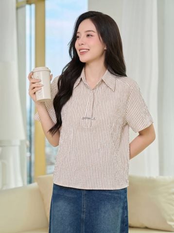 Áo sơ mi thô kẻ tay cộc cổ đức nẹp giấu khuy