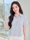  Áo sơ mi thô kẻ tay cộc cổ đức nẹp giấu khuy 