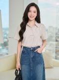  Áo sơ mi thô kẻ tay cộc cổ đức nẹp giấu khuy 