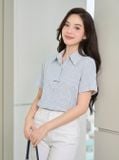  Áo sơ mi thô kẻ tay cộc cổ đức nẹp giấu khuy 