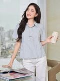 Áo sơ mi thô kẻ tay cộc cổ đức nẹp giấu khuy 