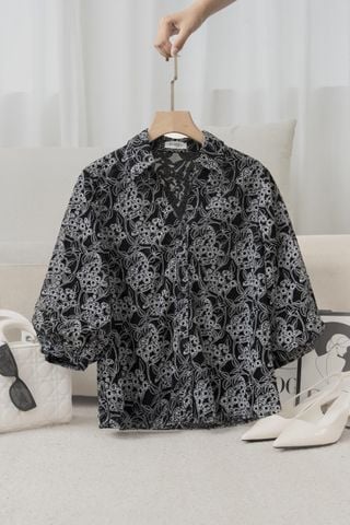 Áo Sơ Mi Nữ Dáng Tay Chuông Lỡ Vải Ren Họa Tiết Dây