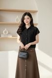  Áo sơ mi nữ tay liền xếp ly vai có túi ngực vải thô chun 