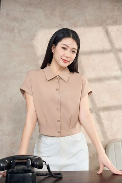  Áo sơ mi nữ thô tuyết tay liền cổ đức gấu bo 