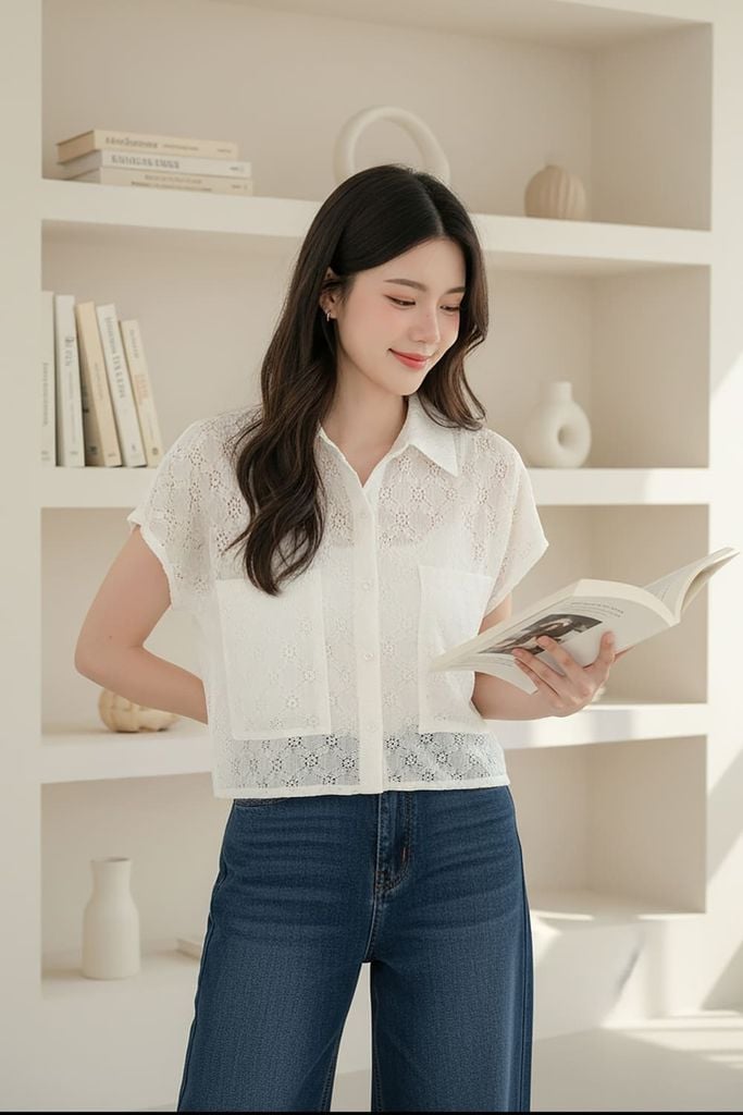  Áo sơ mi nữ tay liền xếp ly vai có túi ngực vải thô chun 