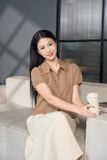  Áo sơ mi thô kẻ tay cộc cổ đức dáng ngắn trẻ trung 