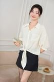  Áo sơ mi nữ croptop dáng suông tay lỡ buộc vạt gấu 