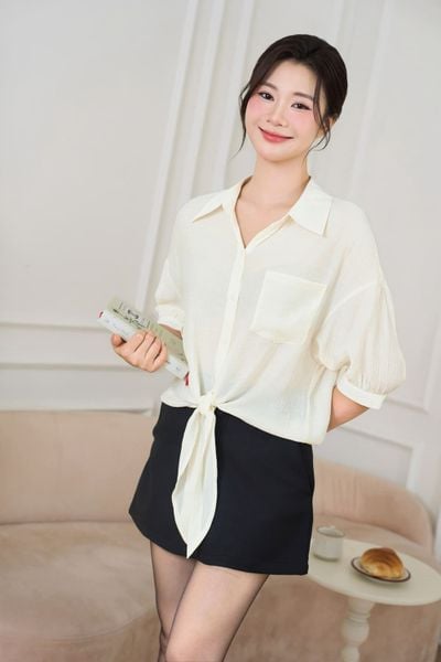  Áo sơ mi nữ croptop dáng suông tay lỡ buộc vạt gấu 