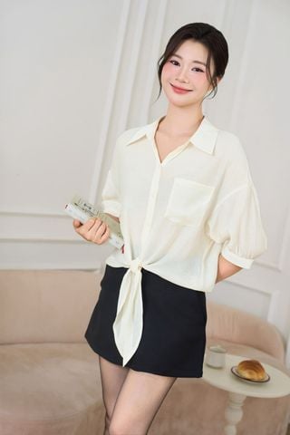 Áo sơ mi nữ croptop dáng suông tay lỡ buộc vạt gấu