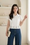 Áo sơ mi nữ tay liền xếp ly vai có túi ngực vải thô chun 
