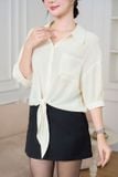  Áo sơ mi nữ croptop dáng suông tay lỡ buộc vạt gấu 