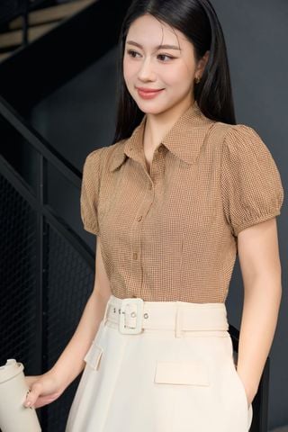 Áo sơ mi thô kẻ tay cộc cổ đức dáng ngắn trẻ trung