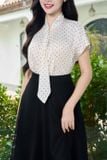  Áo Kiểu Nữ Younger by Cardina Dáng Tay Liền Vải Lụa Satin Chấm Bi Giả Khăn 