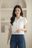  Áo sơ mi nữ tay liền xếp ly vai có túi ngực vải thô chun 
