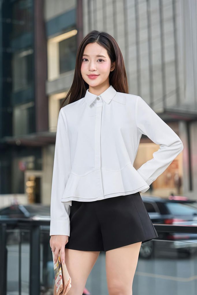  Áo sơ mi nữ chất thô gió dáng cổ đức phối gấu bèo 