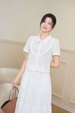  Áo sơ mi nữ vải thô phối ren cổ đức cộc tay 