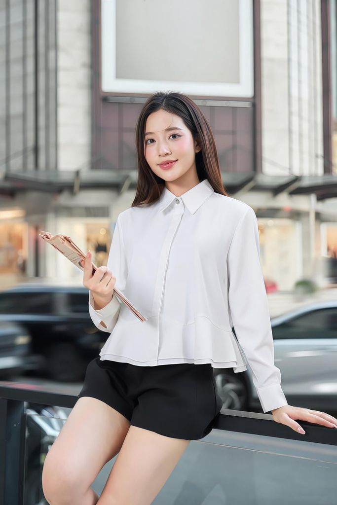  Áo sơ mi nữ chất thô gió dáng cổ đức phối gấu bèo 